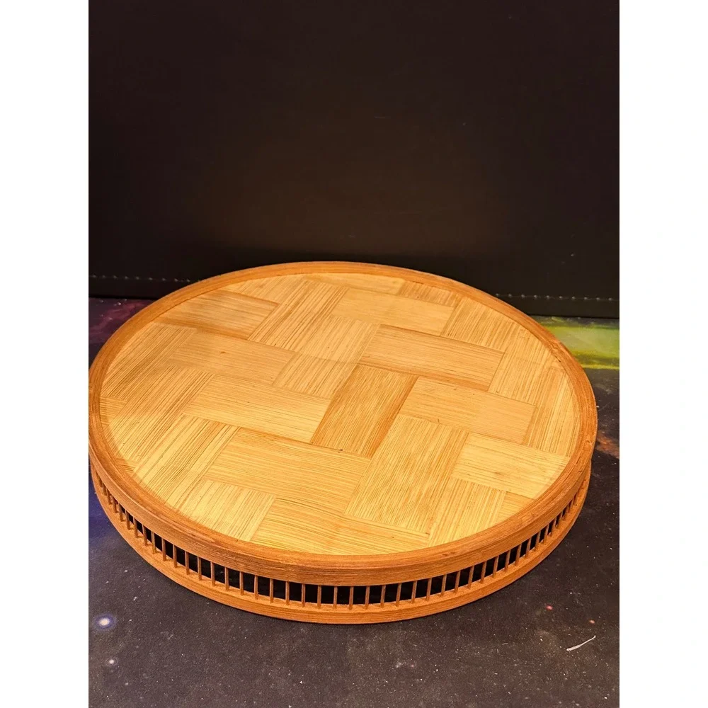 Vintage Bamboo Coaster Set with Tray Chinese Art Figures 7 Piece Set 11 Inch